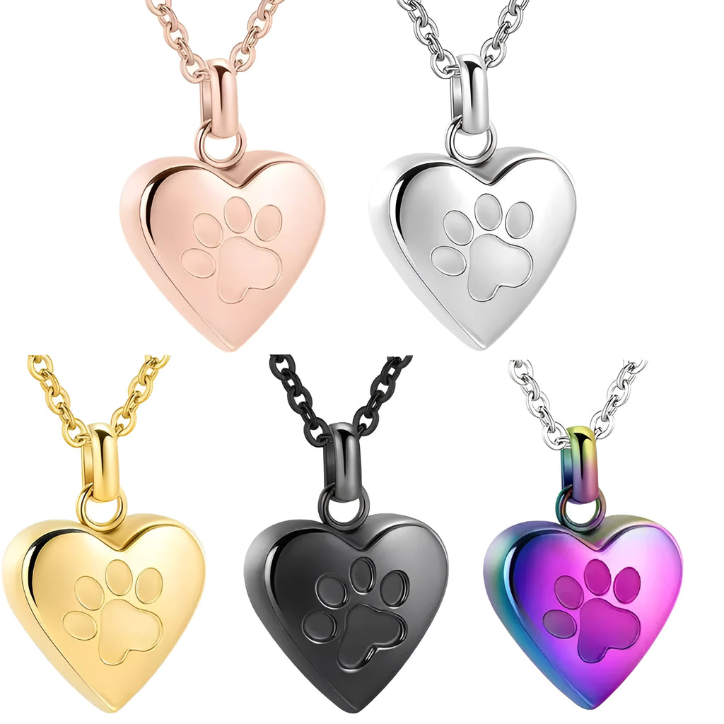 Titanium steel heart pendant necklace with paw print design and openable cinerary casket