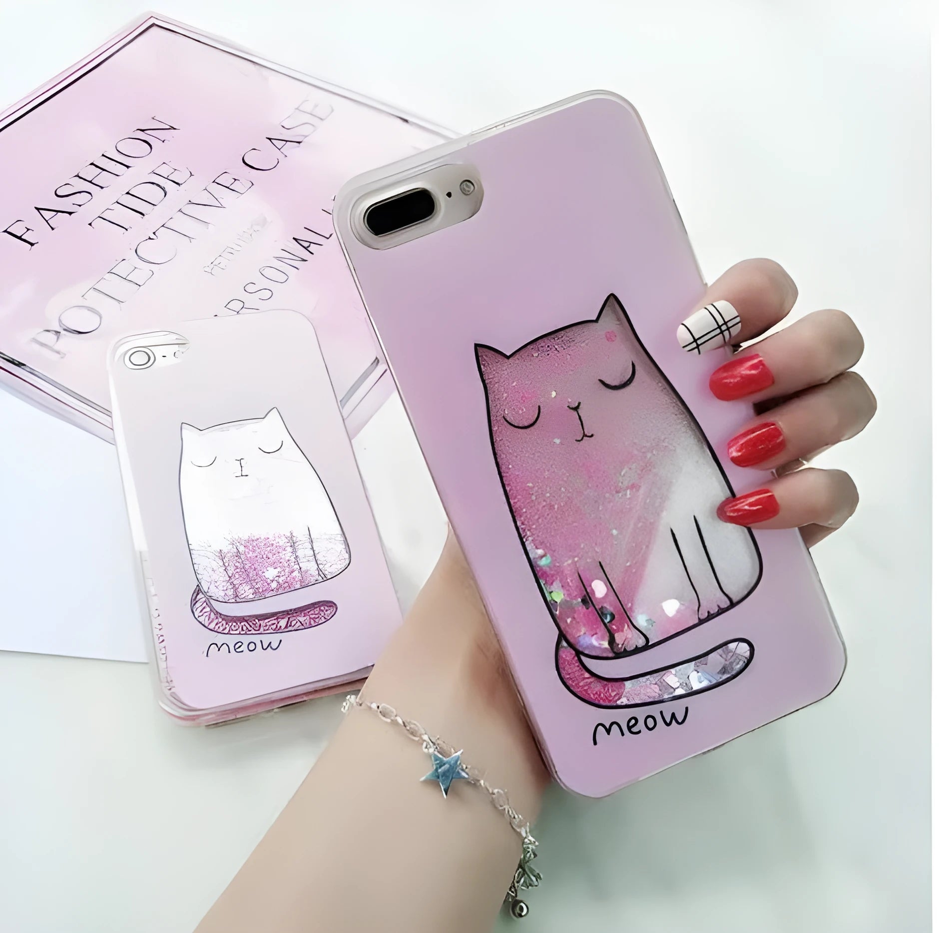 Set of four colourful cat-themed phone cases for iPhone with glitter details