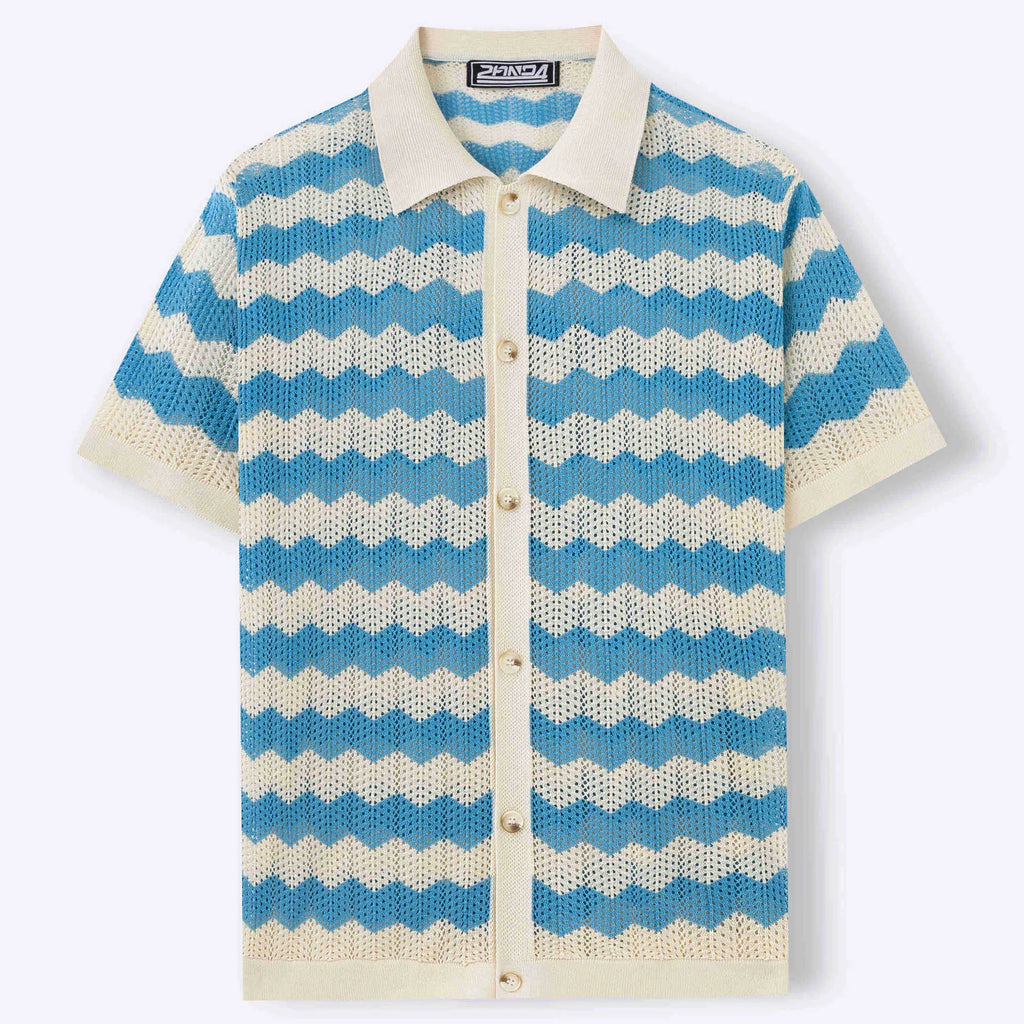 Man wearing a yellow hollow jacquard corrugated short sleeve sweater in an American casual style.