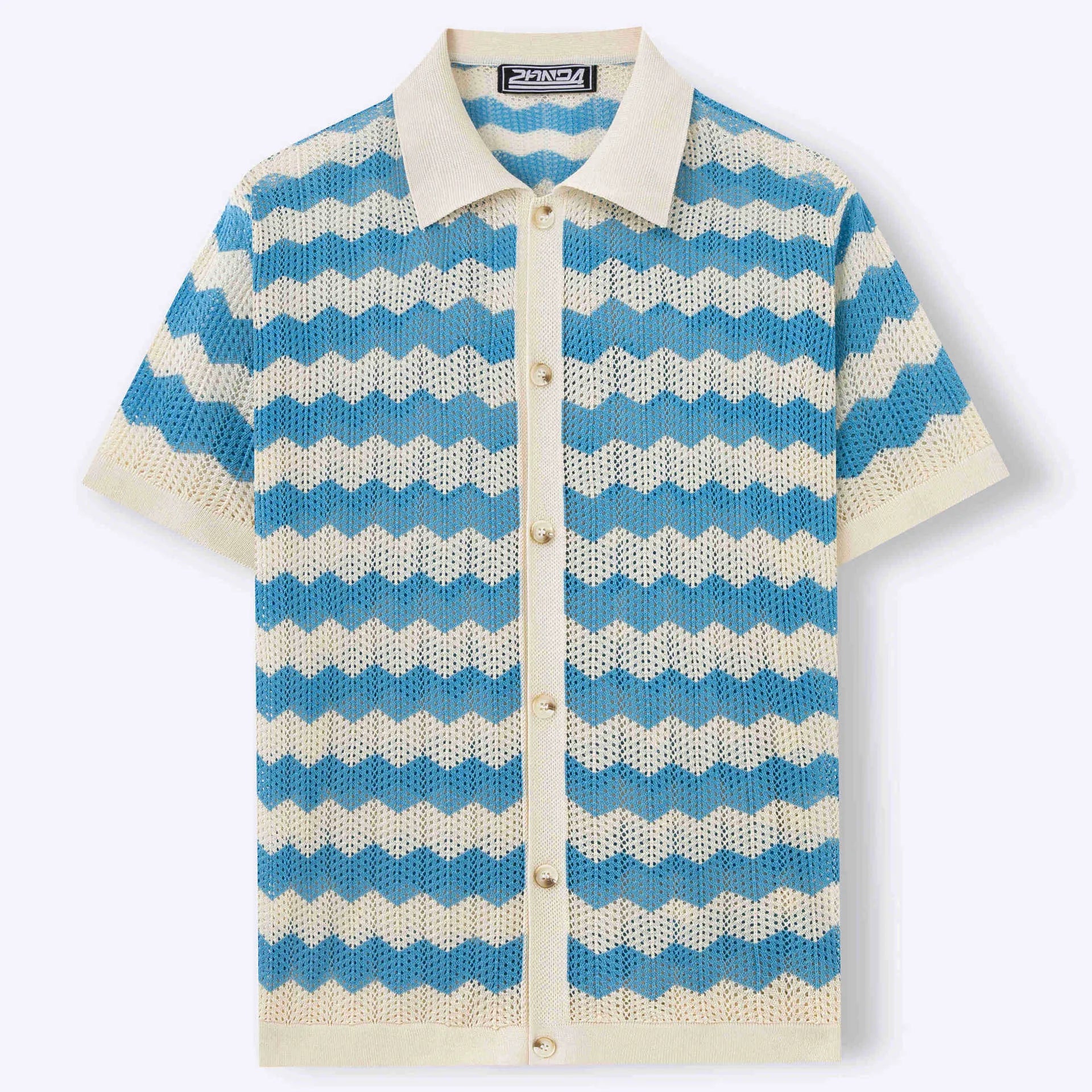 Man wearing a yellow hollow jacquard corrugated short sleeve sweater in an American casual style.