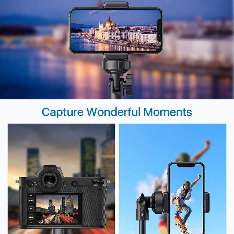 Black aluminium selfie stick tripod extended to full height with smartphone attached