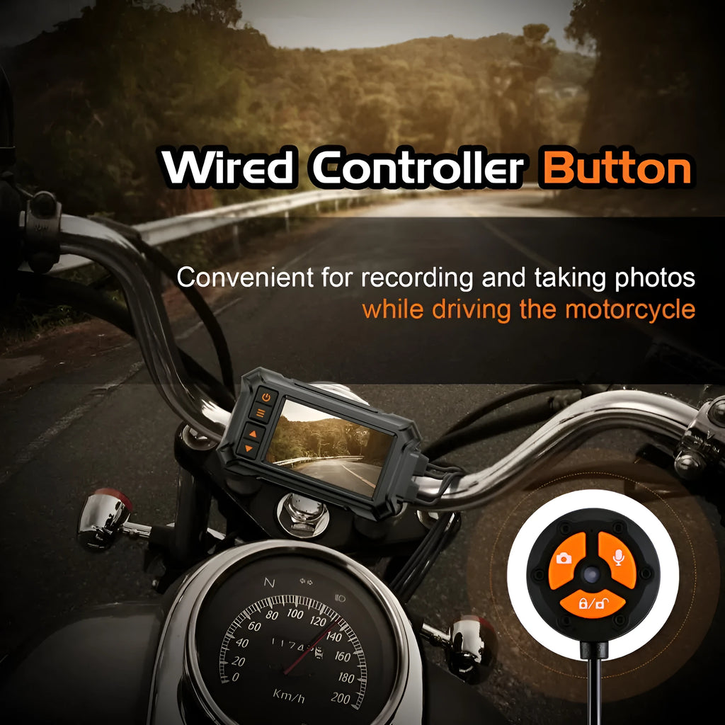 Motorcycle dual lens tachograph recorder with 3 inch screen, GPS module, and waterproof housing.