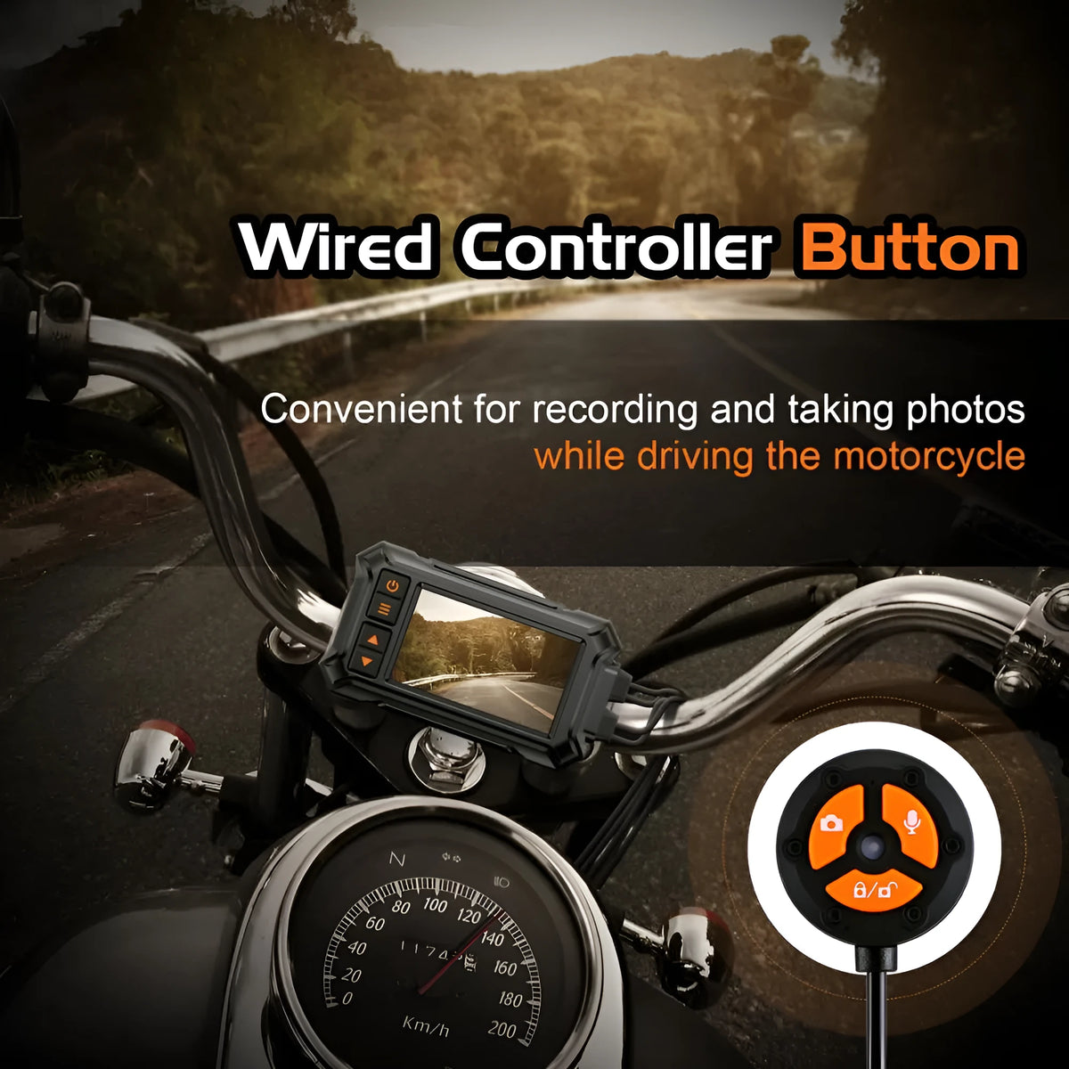Motorcycle dual lens tachograph recorder with 3 inch screen, GPS module, and waterproof housing.