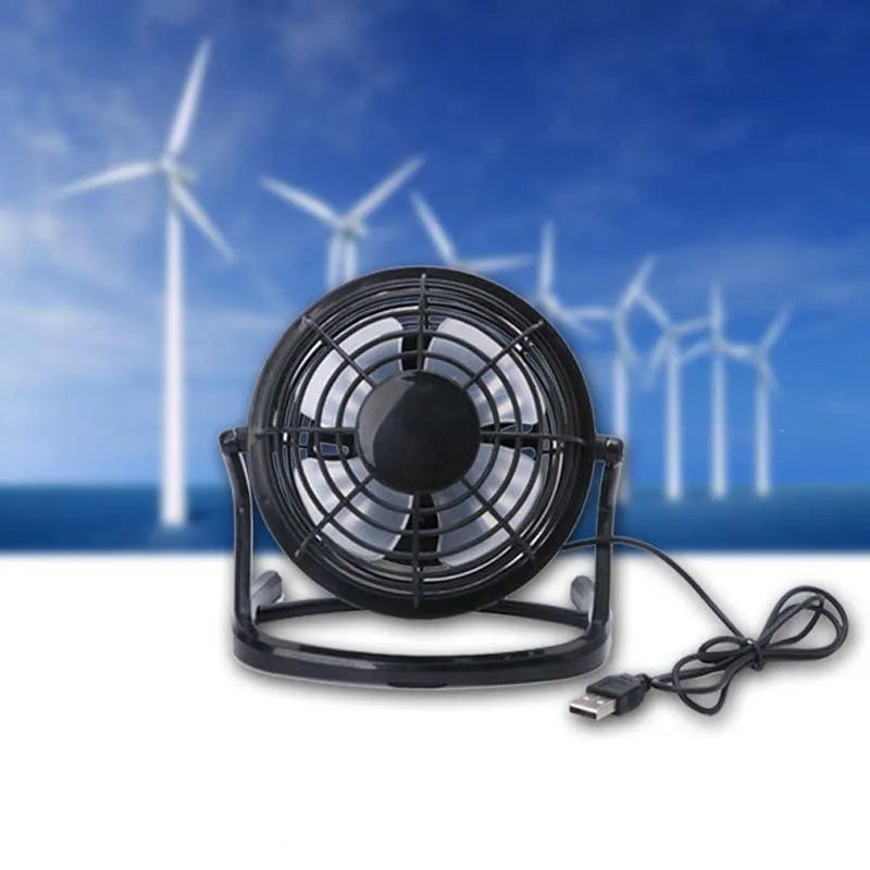 Mini USB desk fan with adjustable tilt in black, white or blue options for laptop and PC cooling