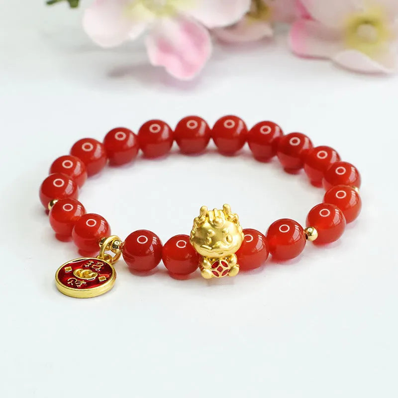 Red agate Chinese zodiac dragon bracelet with 8mm round beads on an adjustable cord.