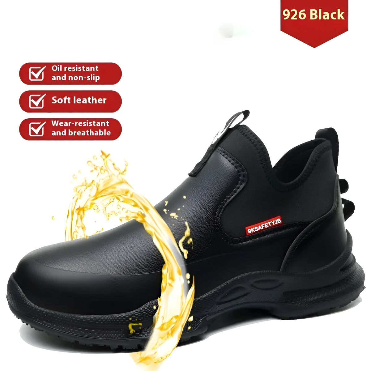 Black men's high-cut work shoes with microfiber leather upper and rubber sole for kitchen use