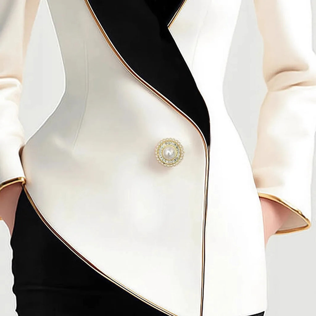 Women's milky white coat with irregular hem and golden pearl buttons on long sleeves