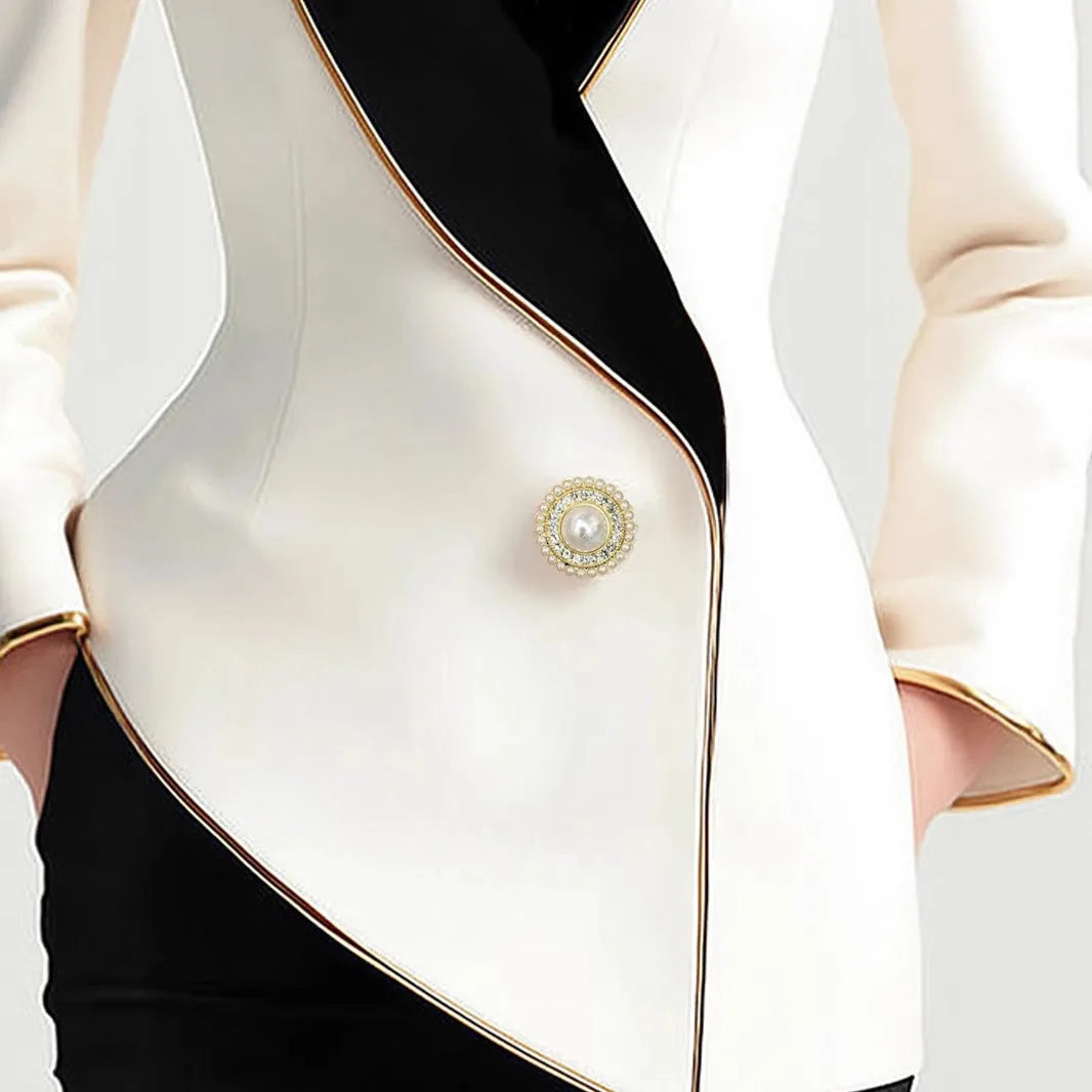 Women's milky white coat with irregular hem and golden pearl buttons on long sleeves