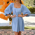 Children's backless dress with square collar and puff sleeves in light blue solid colour