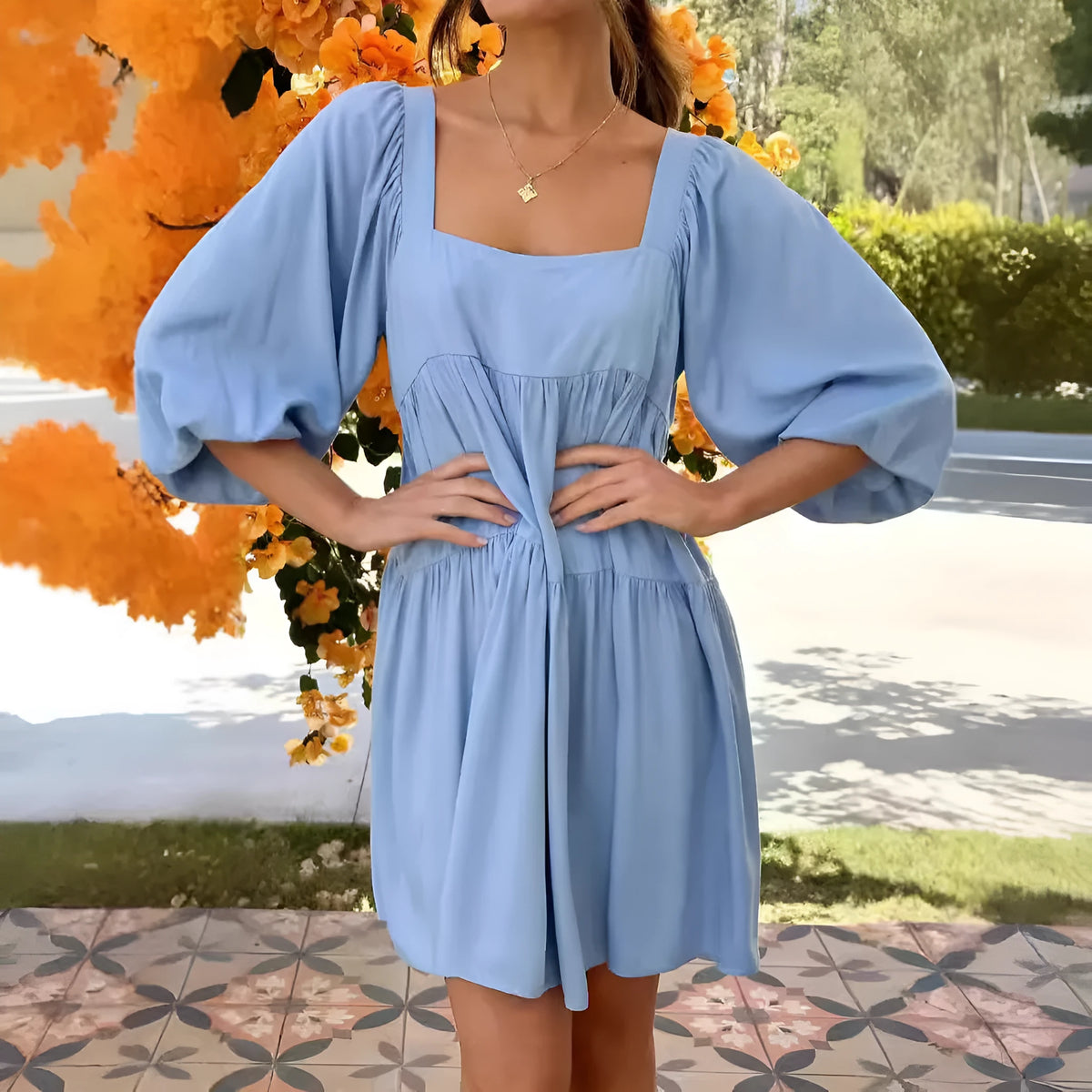 Children's backless dress with square collar and puff sleeves in light blue solid colour