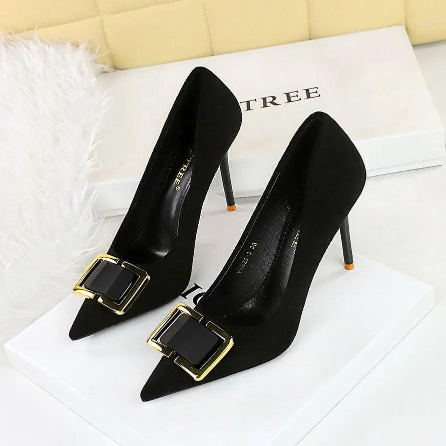 Black suede women's high heels with 9cm stiletto heel and pointed toe
