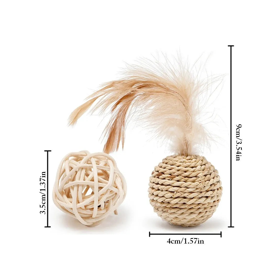 Two cat toys: rattan ball with bell and faux feather ball for interactive feline play