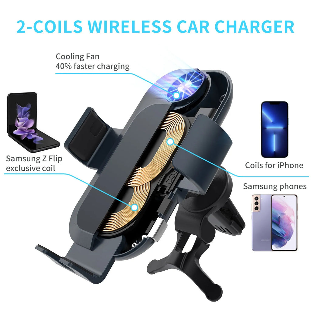 C35 colour car wireless charging phone holder mounted on air vent with phone inserted