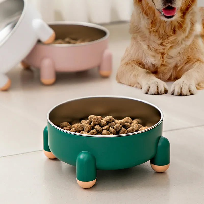 Green stainless steel raised pet bowl with anti-slip high-foot base for dogs and cats.