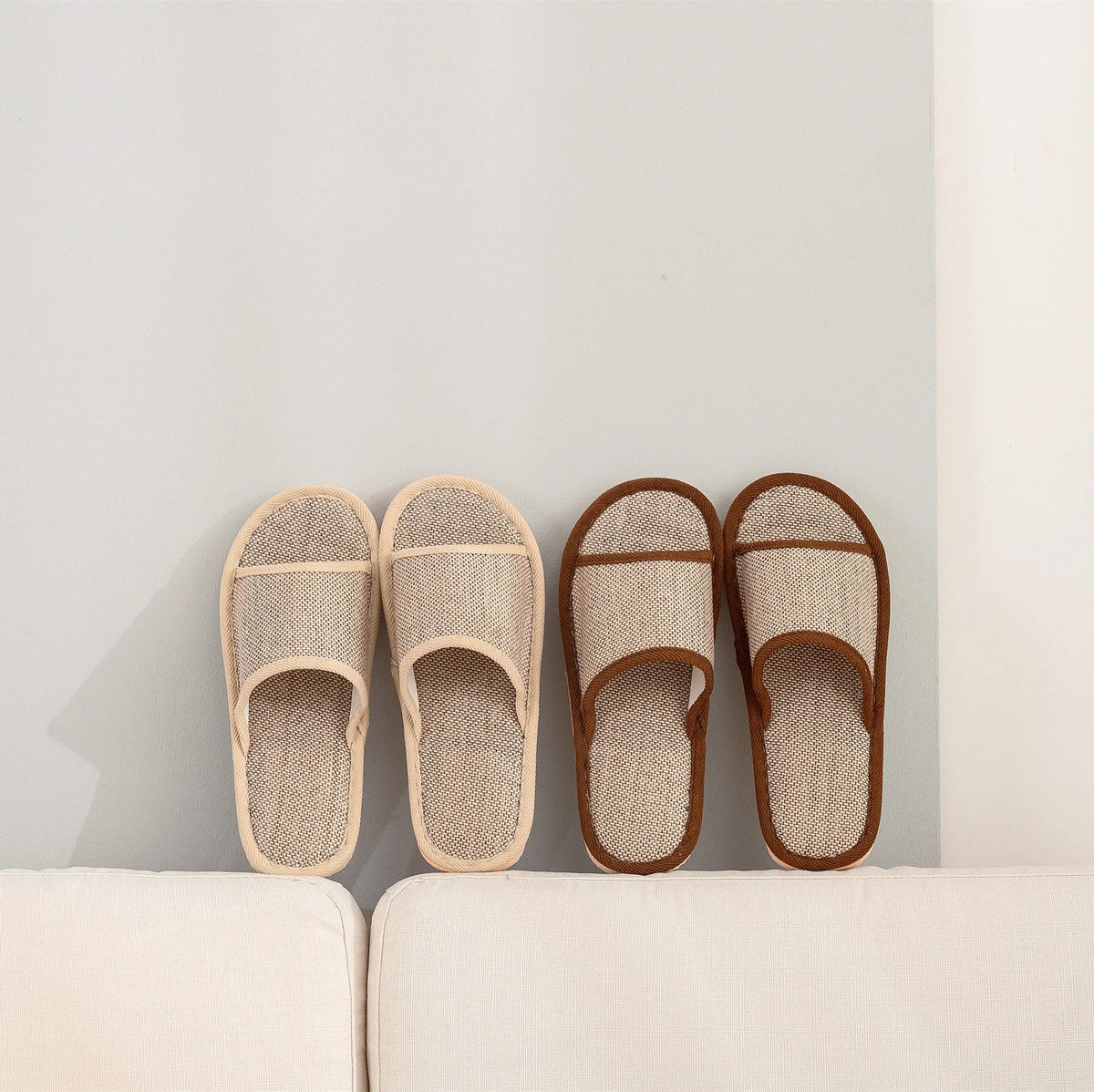Women's open-toe linen slippers in light brown colour with a thickened sole