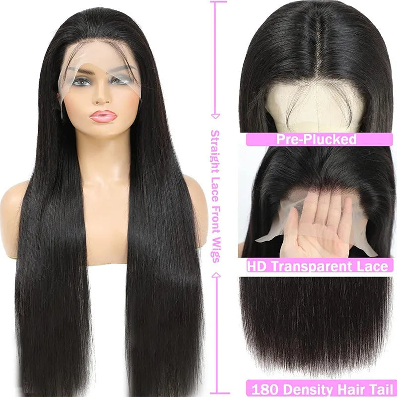 Straight black human hair wig with 13x6 lace front on a mannequin head