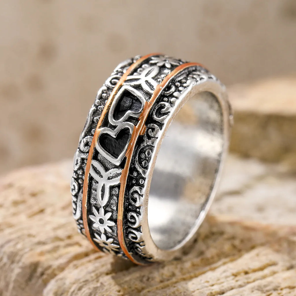 Silver electroplated wide noodle love ring for women, zinc alloy band, sizes 6 to 10