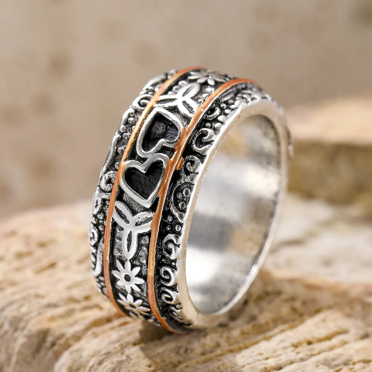 Silver electroplated wide noodle love ring for women, zinc alloy band, sizes 6 to 10