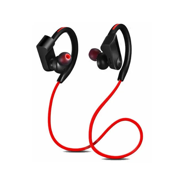 Neck-mounted wireless Bluetooth earphones in black, blue, or red colours with neckband design