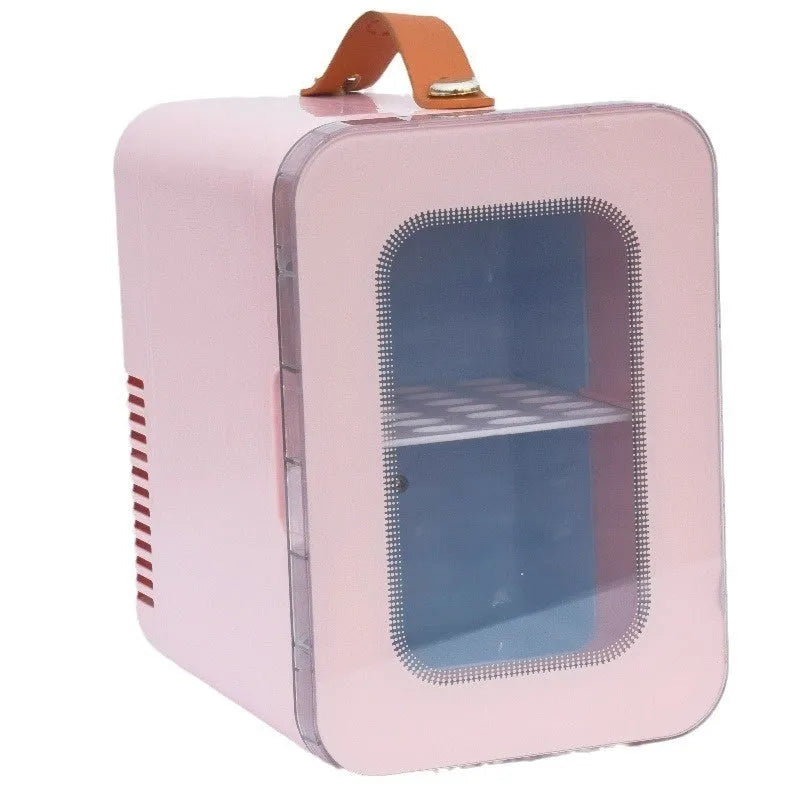 Pink mini refrigerator with transparent door showing 6L capacity for car and home hot and cold use
