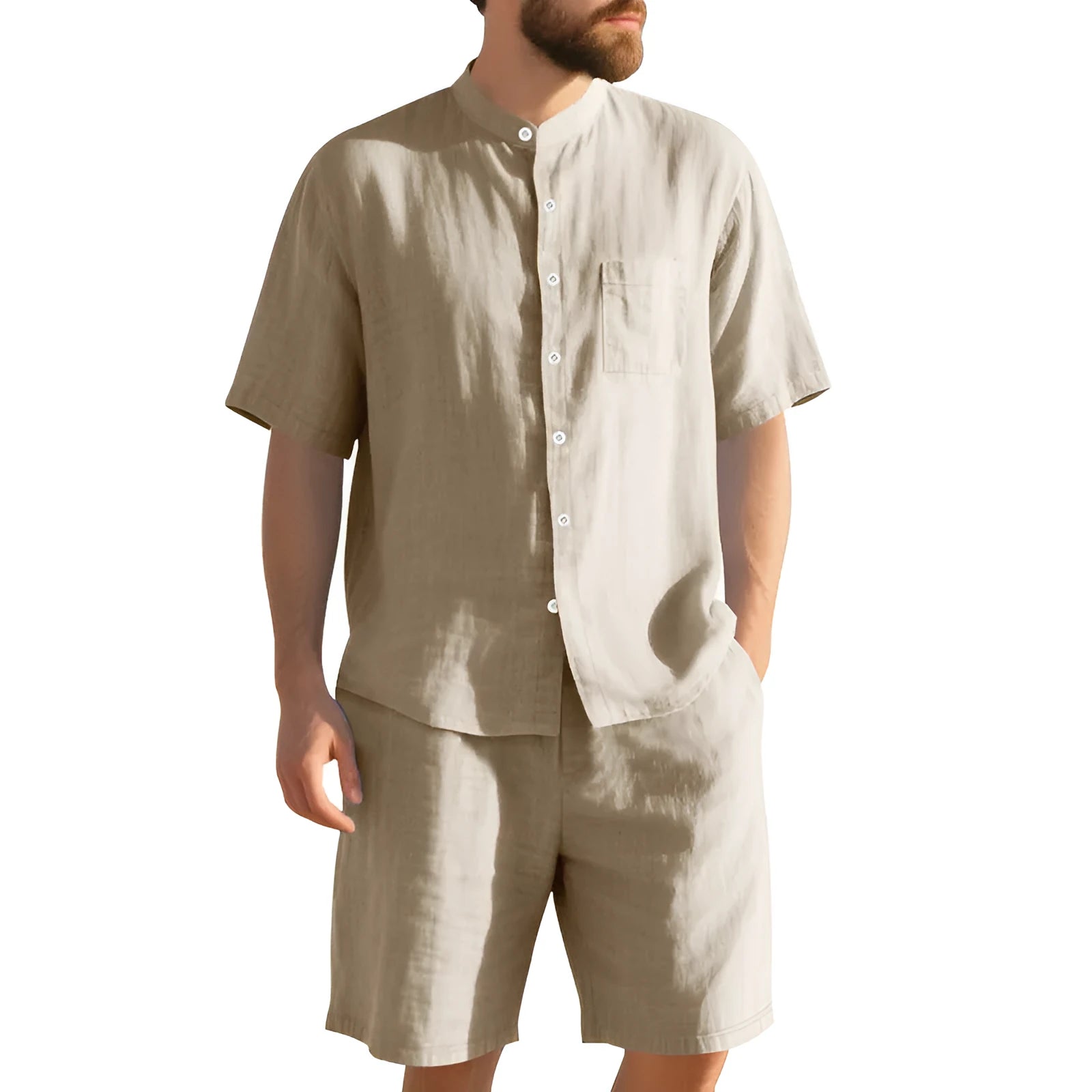 Men's linen Henry collar short sleeve shirt and matching shorts summer suit in multiple colours