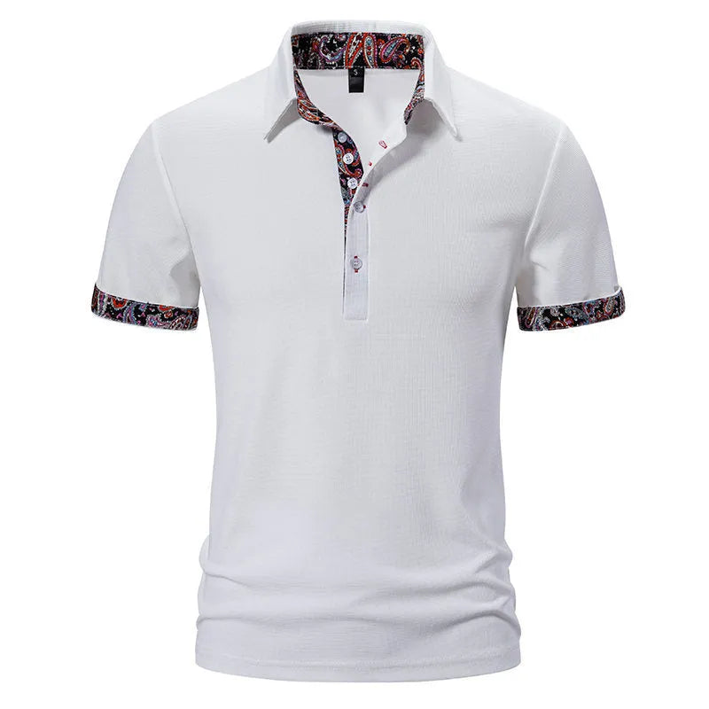 Men's short sleeve polo shirt in a cotton blend fabric, showing turnover collar and colour stitching detail.