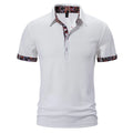 Men's short sleeve polo shirt in a cotton blend fabric, showing turnover collar and colour stitching detail.