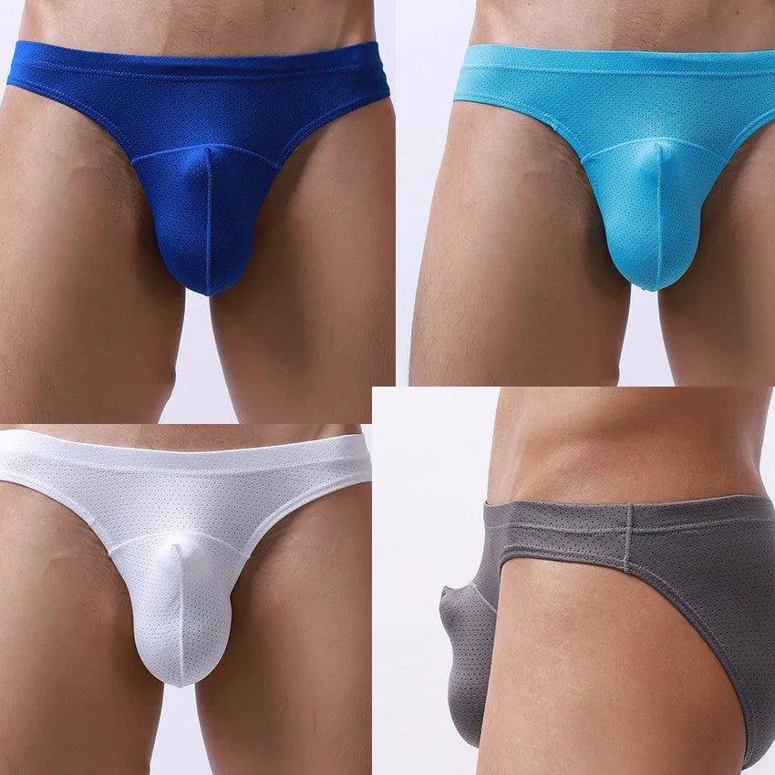 Men's transparent loose breathable nylon underwear shown in available colours.