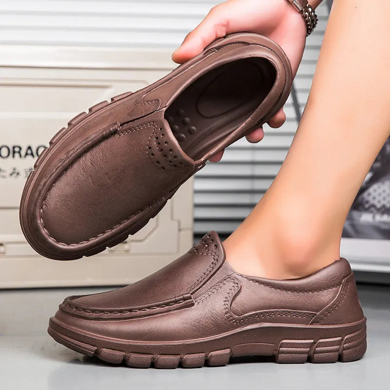 Men's black waterproof platform slip-on shoes with artificial leather upper and mid-heel design