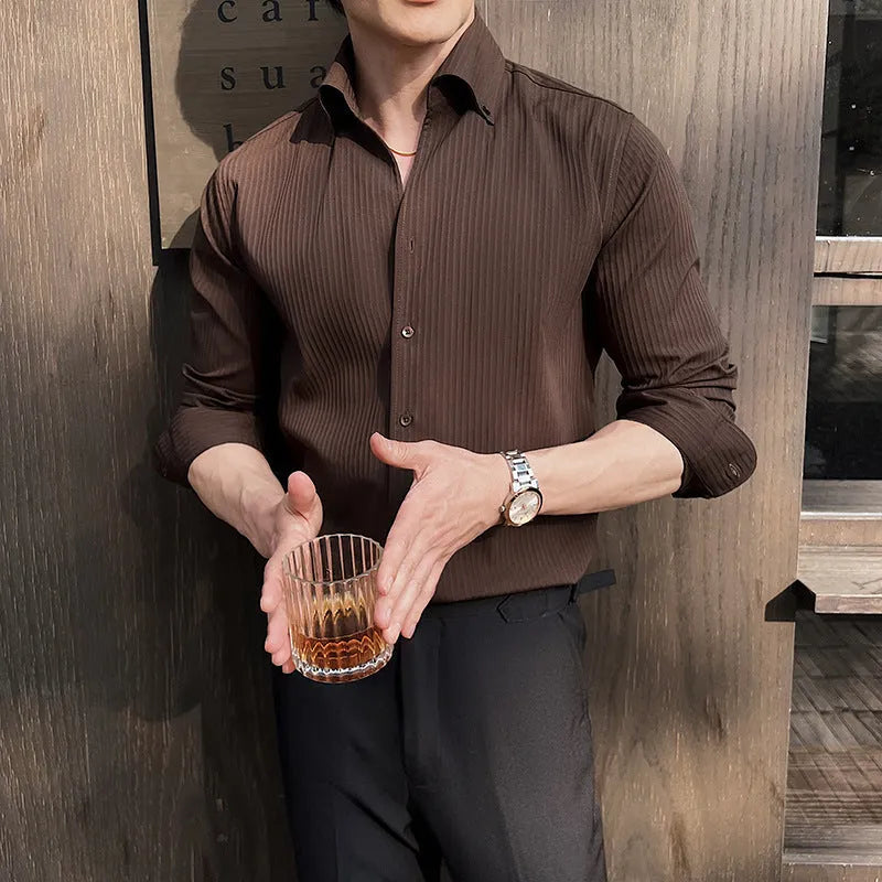 Men's dark striped V-neck long sleeve cardigan shirt in chemical fibre blend fabric
