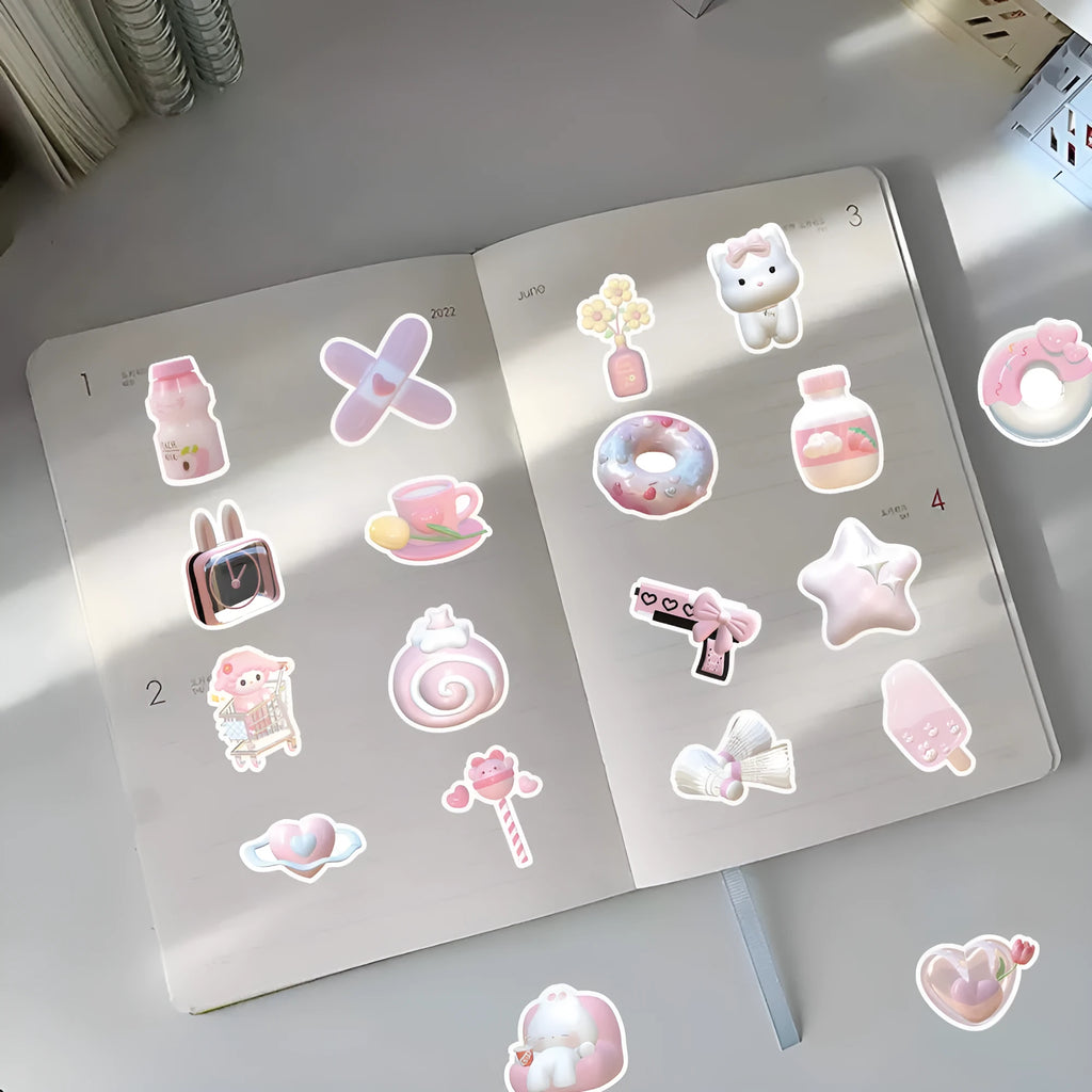 Realistic 3D decorative stickers in pink girl heart designs, 63 pieces per pack