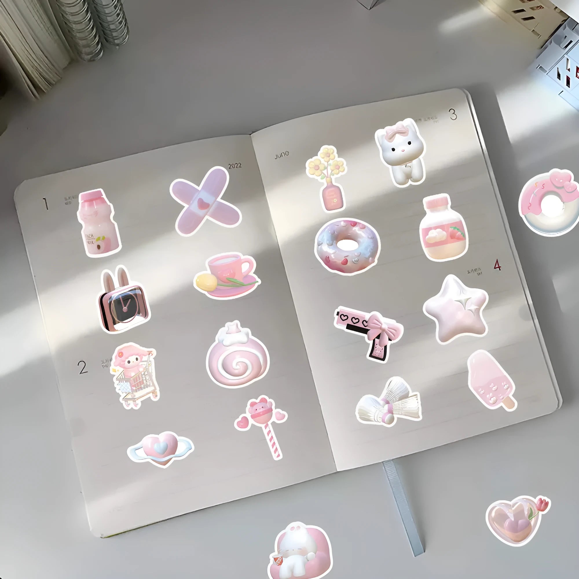 Realistic 3D decorative stickers in pink girl heart designs, 63 pieces per pack