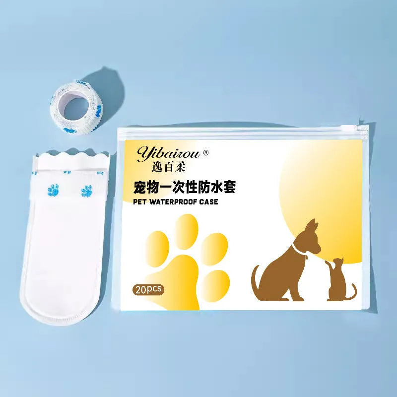 A pack of 20 white disposable waterproof dog booties made from non-woven fabric, shown in S and M sizes.