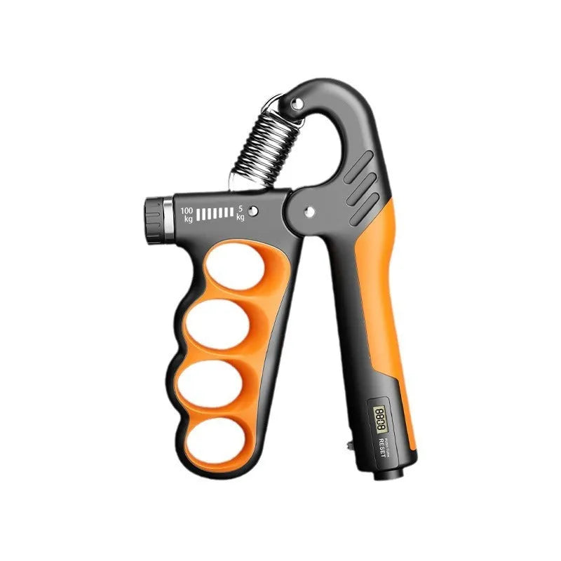 Electronic spring grip hand exerciser with digital counter display in orange colour