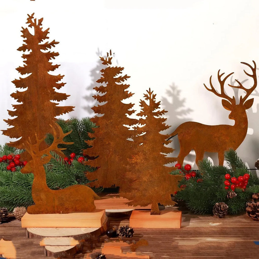 Three metal Christmas tree ornaments with elk silhouettes in rusty iron finish