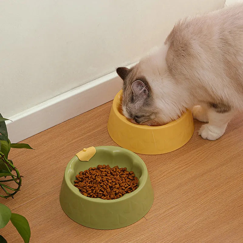 Green plastic flower-shaped double pet bowl for food and water on a white background.