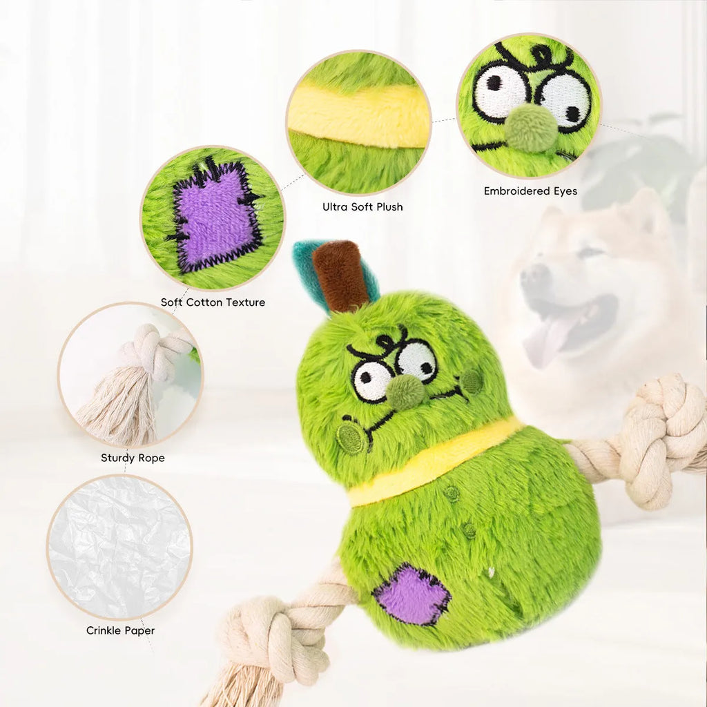 Green and purple interactive dog plush toy with internal rope knot for tug-of-war and chewing.