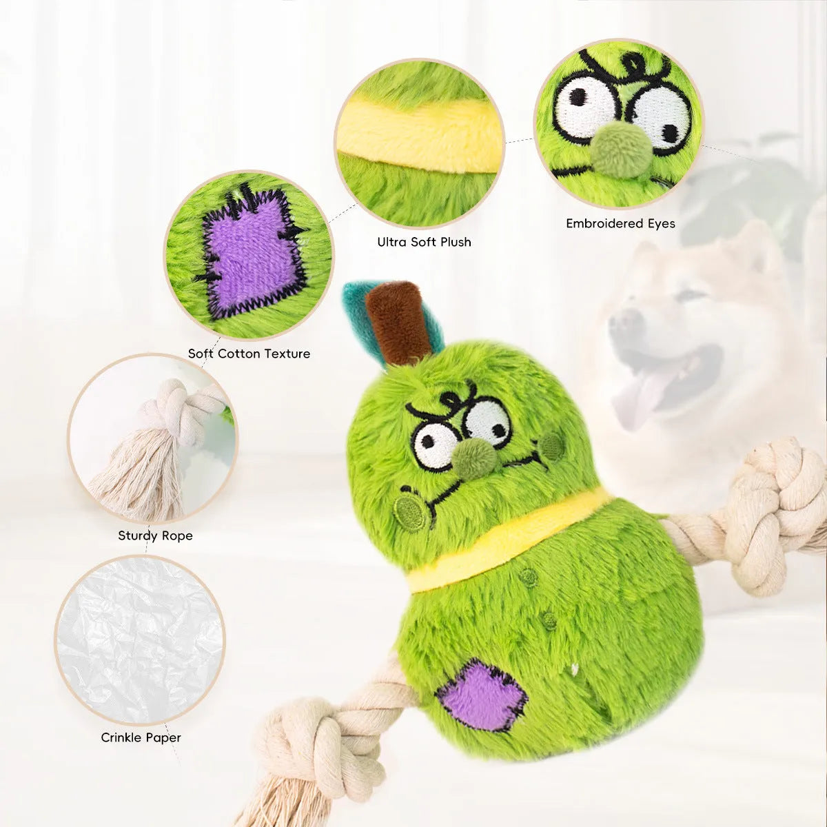Green and purple interactive dog plush toy with internal rope knot for tug-of-war and chewing.