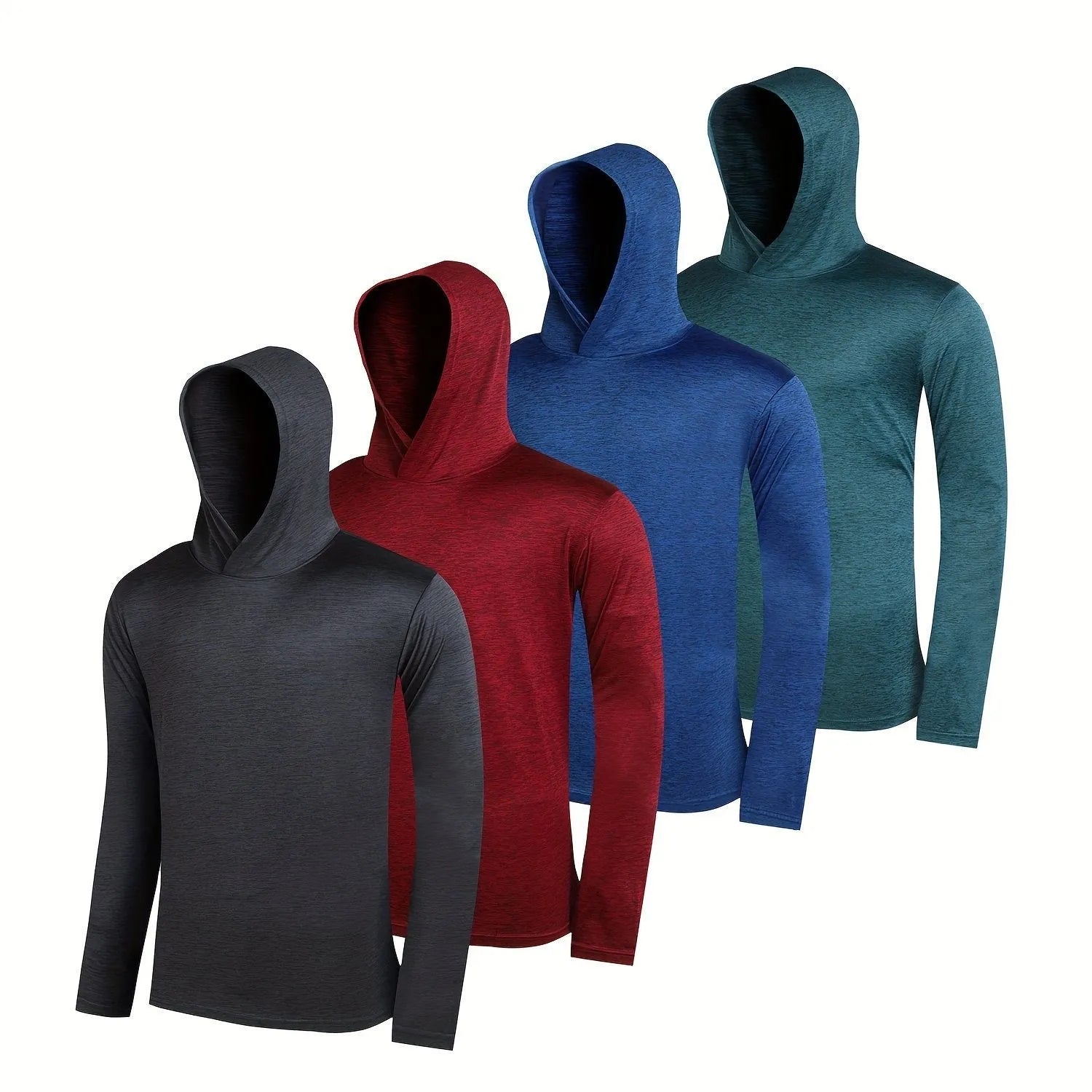 Set of four men's lightweight polyester hoodies on a hanger, showing colour options and style with hat.