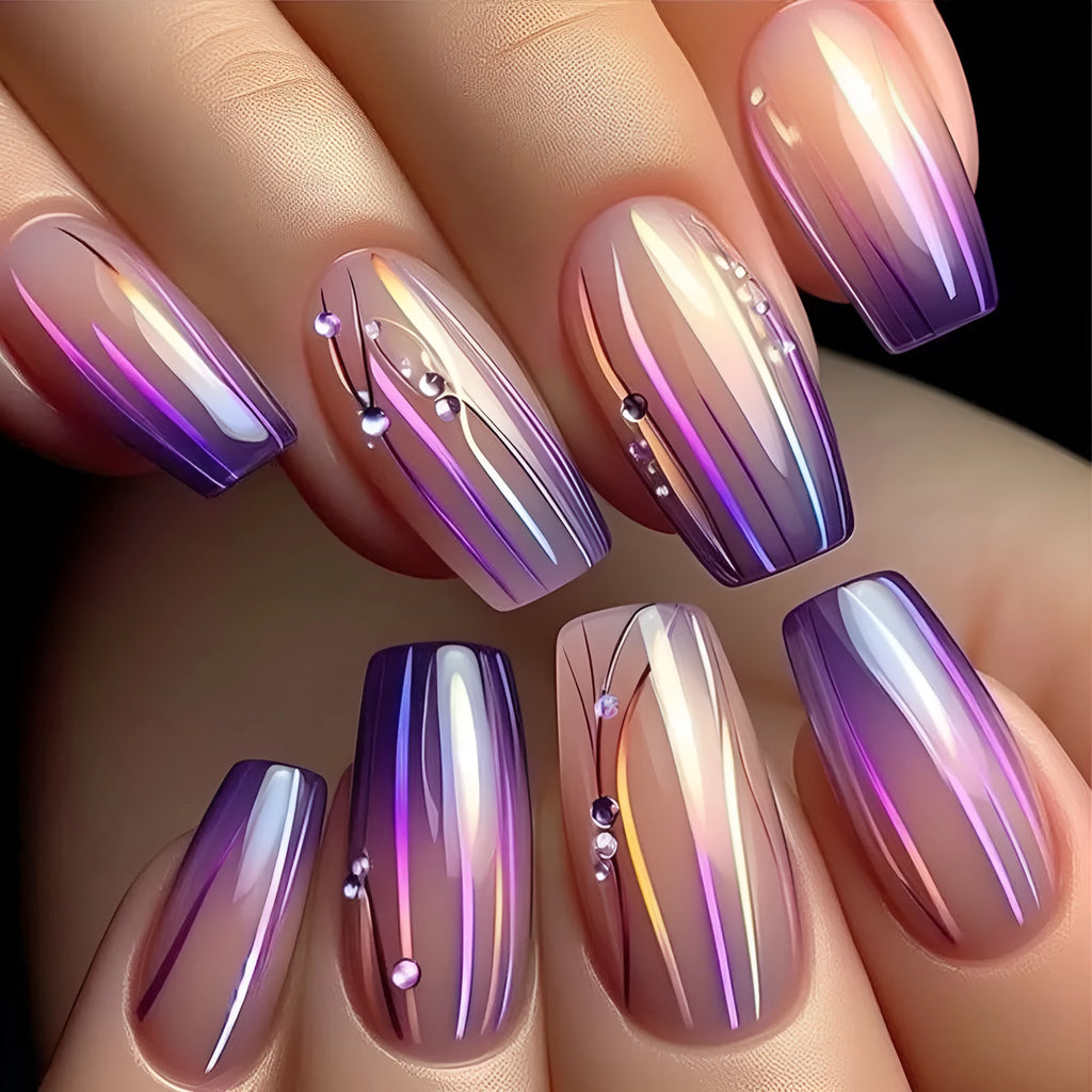 Magic purple gradient nail stickers with starry sky pattern and jelly glue for short ballet-length nails