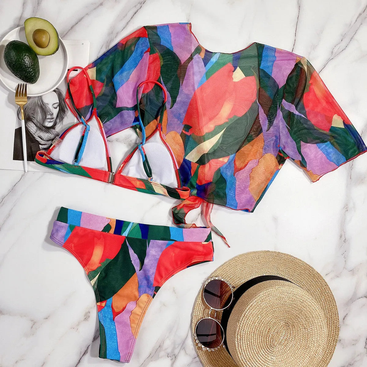 Red printed split swimsuit for women with nylon construction in briefs and triangle bikini styles