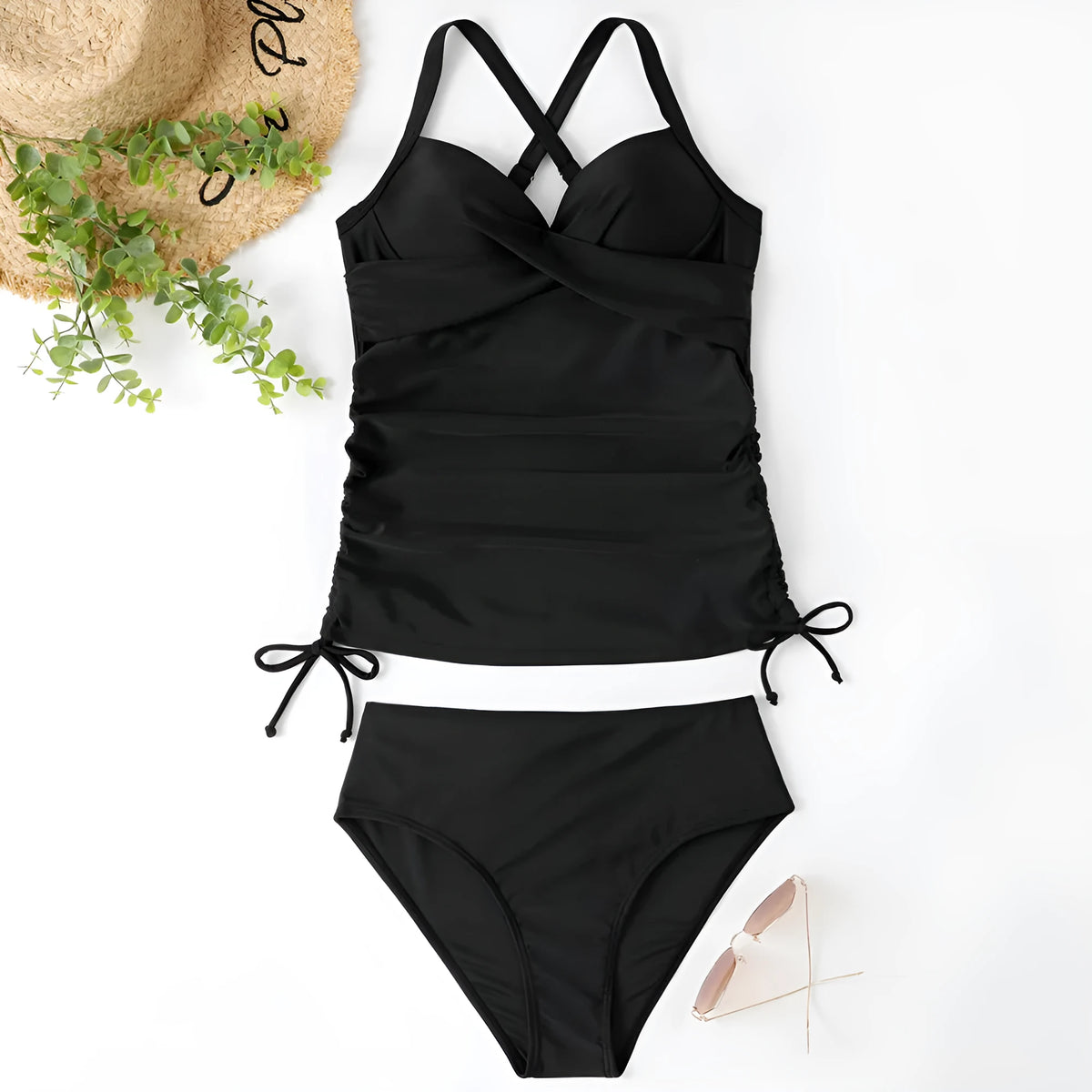 Women's high waist separated bikini set in nylon fabric on a mannequin.