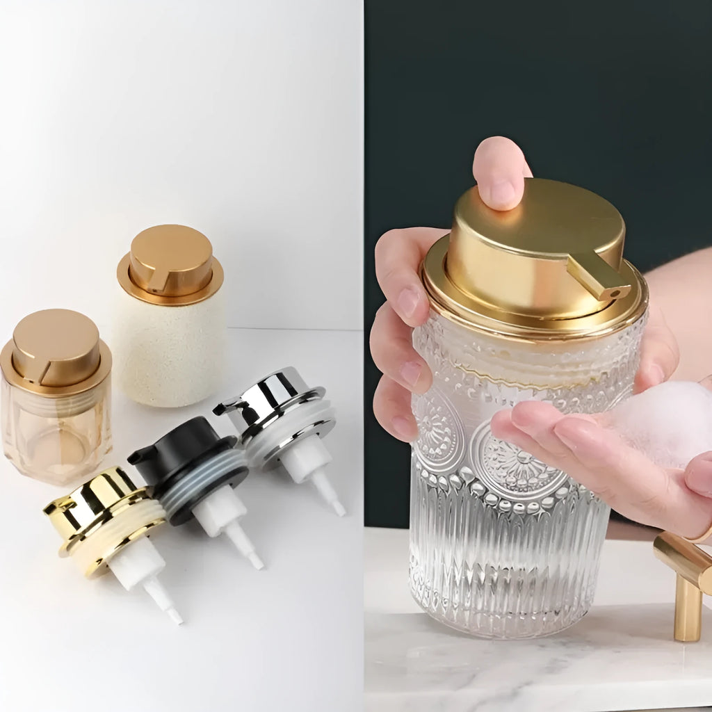 Foam pump dispenser with large head in metallic gold finish for facial cleansers and shower gels