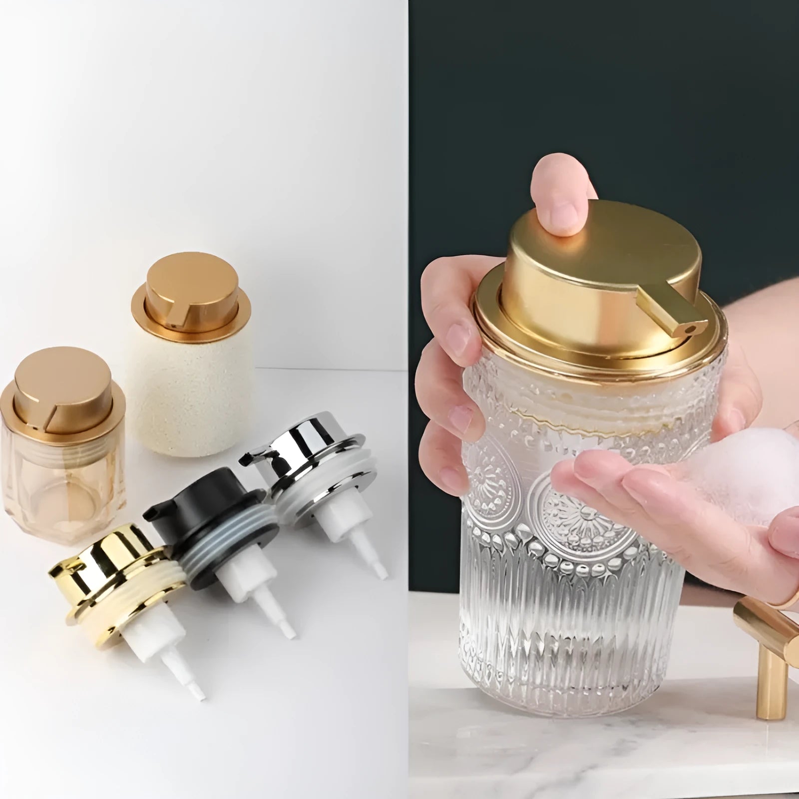 Foam pump dispenser with large head in metallic gold finish for facial cleansers and shower gels