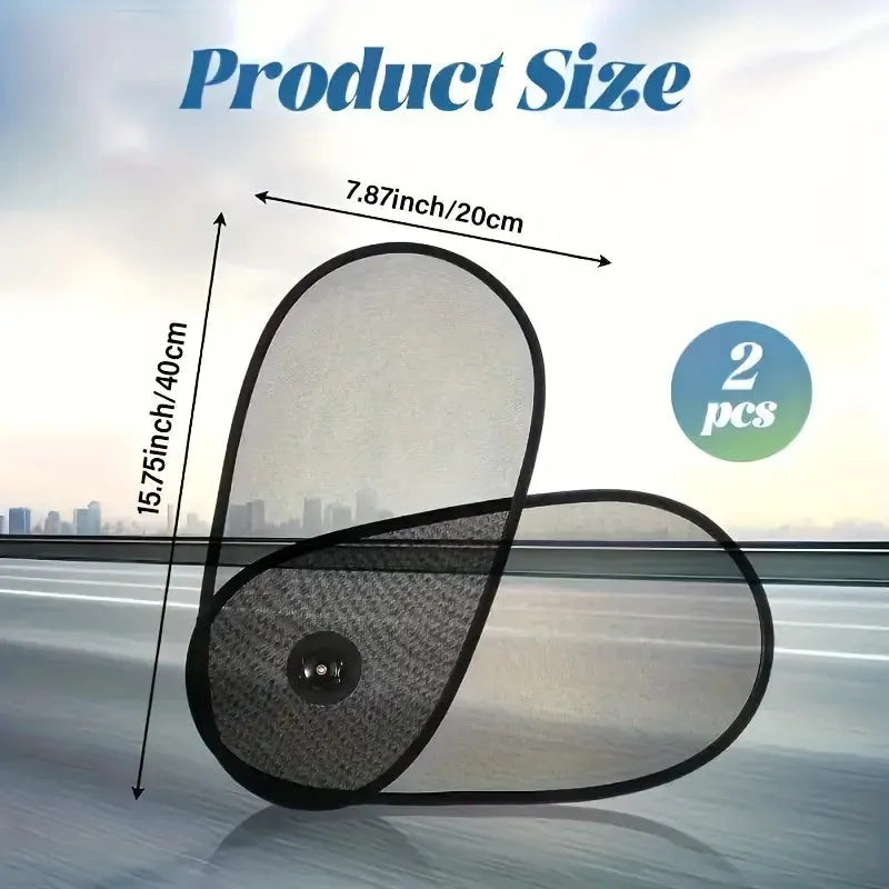 Black stretchy car window shade with suction cups attached to a side window.