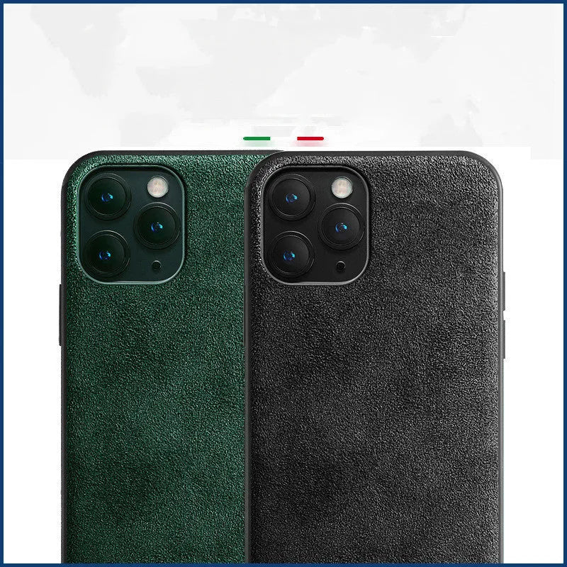 Suede full-cover iPhone phone case in dark blue, dark night green, or elegant black.