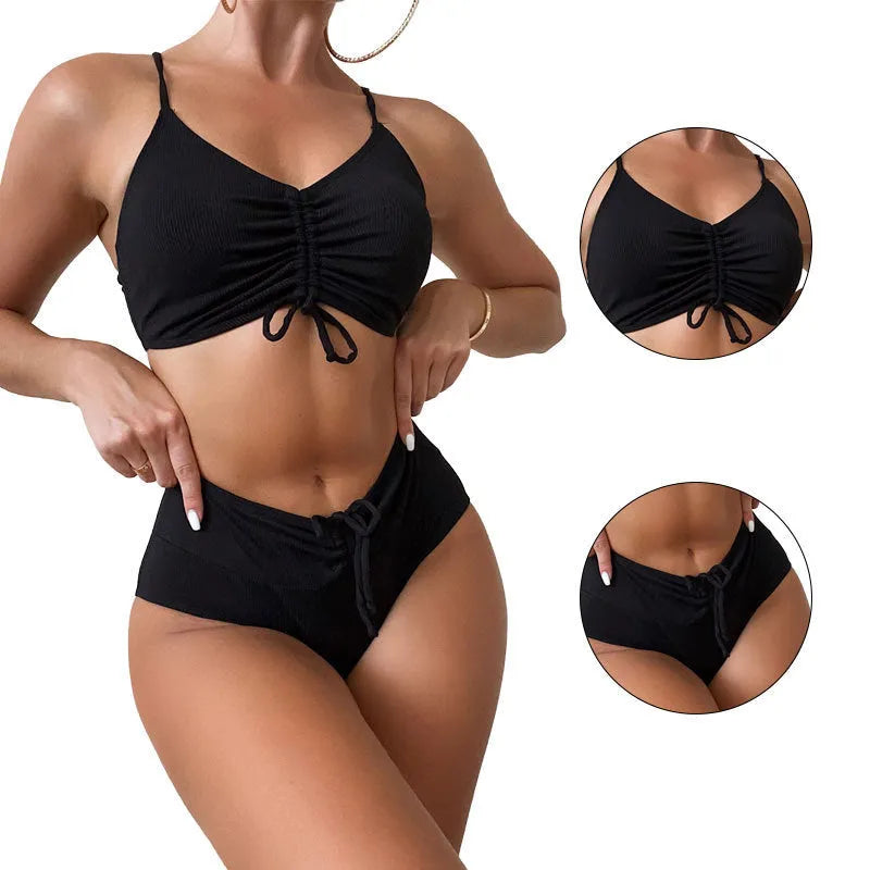 Black women's bikini swimsuit with high-waist shorts and sling split design.