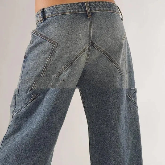 Women's cotton wide-leg mop trousers with contrast stitching in blue colour option
