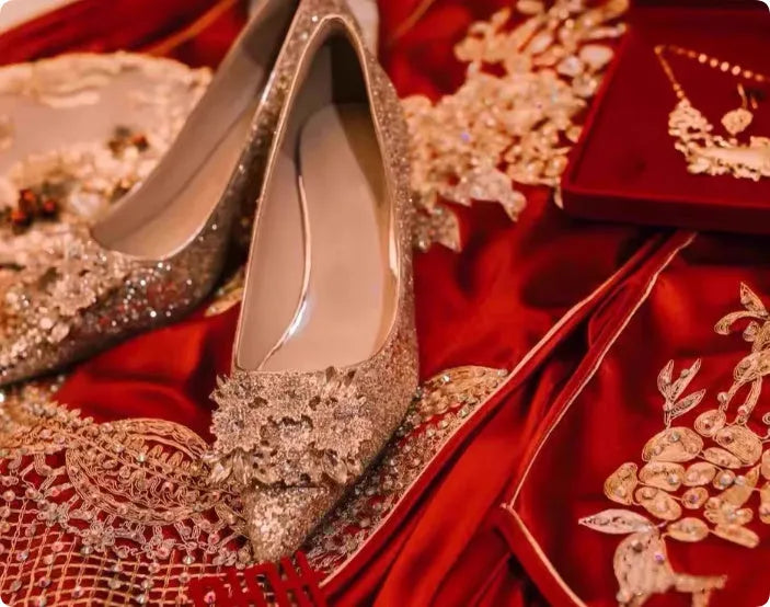 Champagne coloured wedding shoes with crystal design, pointed toes and fine heels