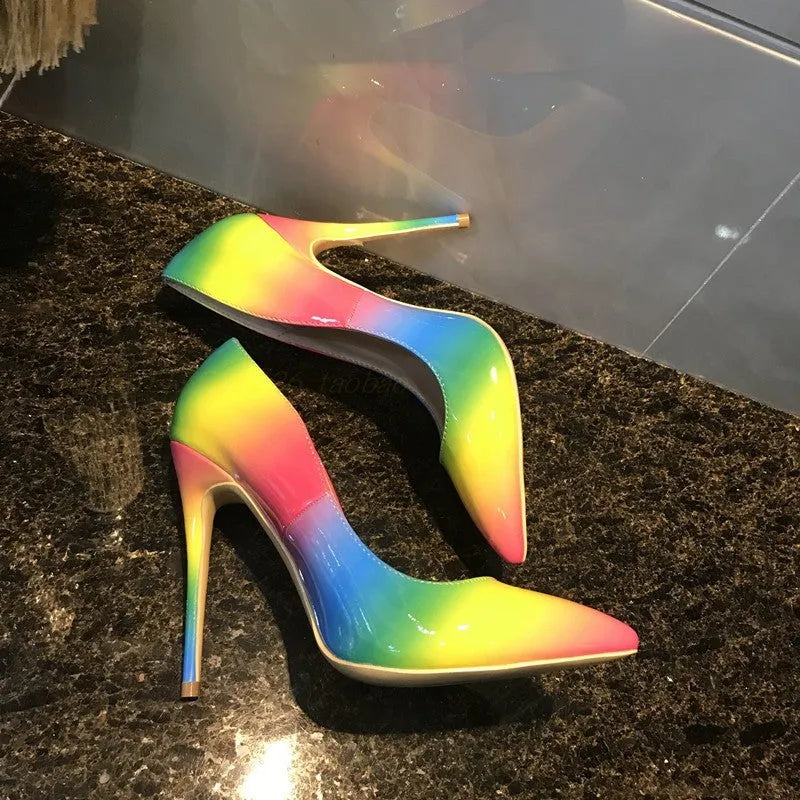 Rainbow colour gradient patent leather women's ultra-high heel shoes with pointed toe and thin heel